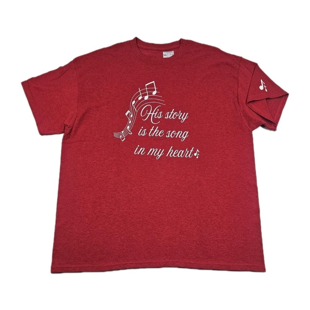 His Story Is The‎ Song In My Heart Red T Shirt Size XL Music Notes Fun Spellout